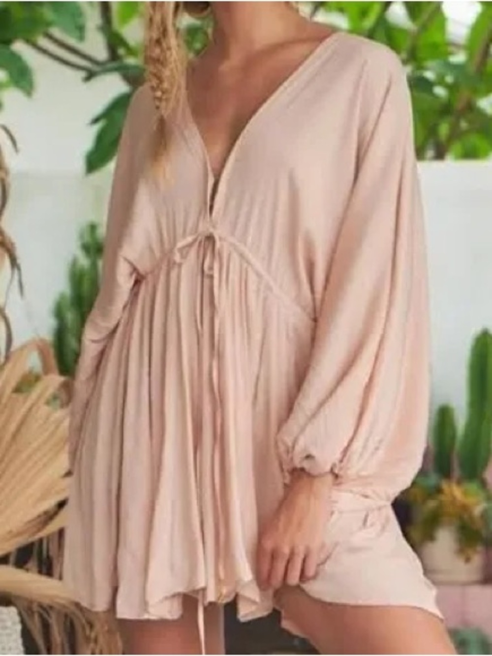 🌊 Free People Arzel Mini Dress Pleated Satin Kimono Sleeve Pink Cream M EUC